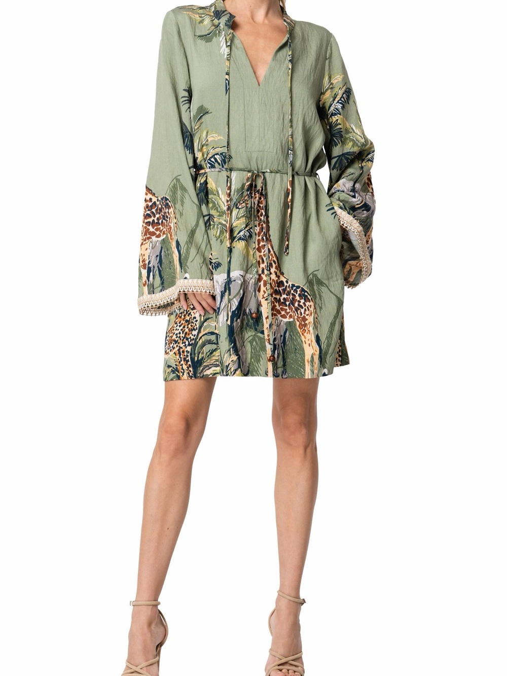Green Safari-Print Tie-Waist Mini Dress